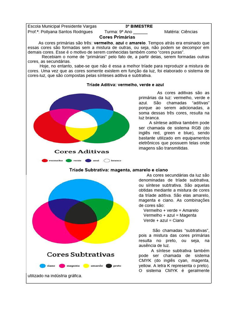 (Ef09ci04) Cores Primárias e Formação de Outras Cores | PDF | Cor ...