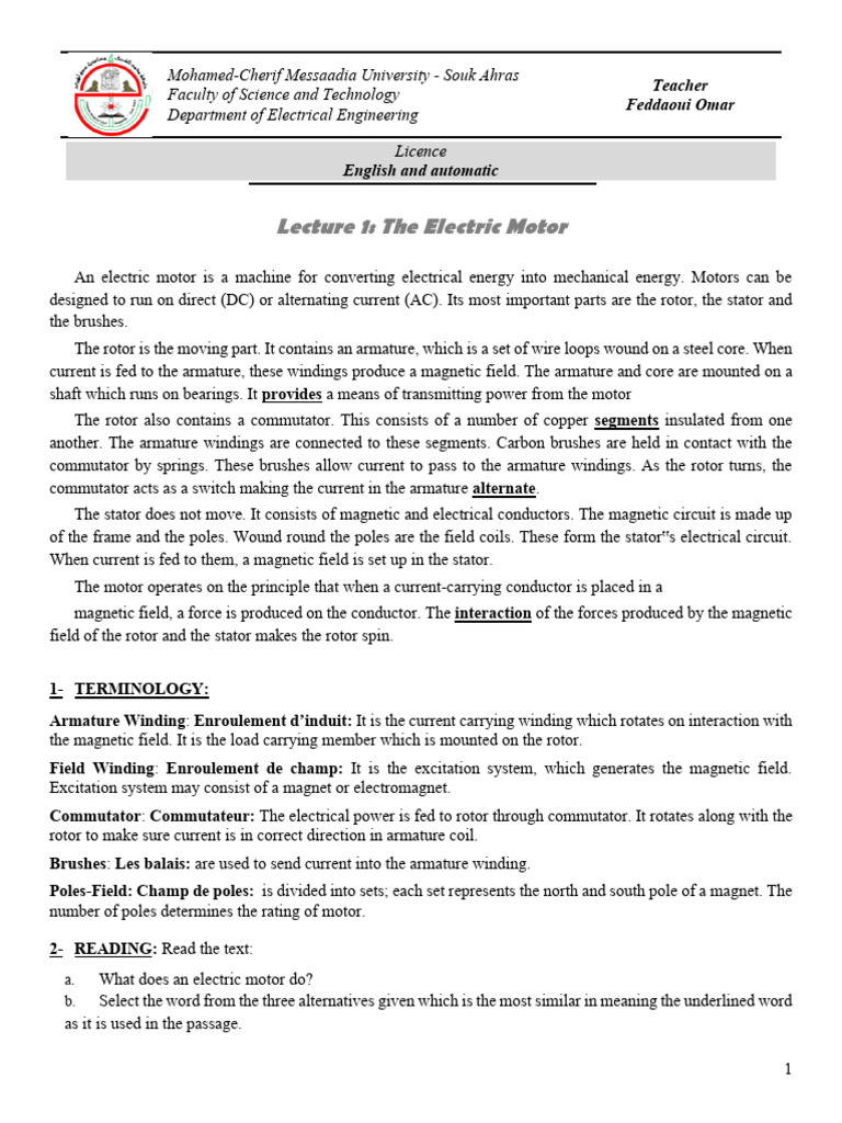 Lecture 1 Electric Motor PDF Electric Motor Inductor