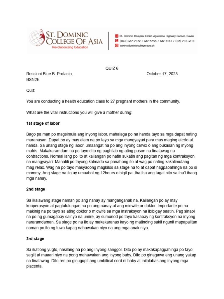 Maternal and Child Nursing Quiz PDF