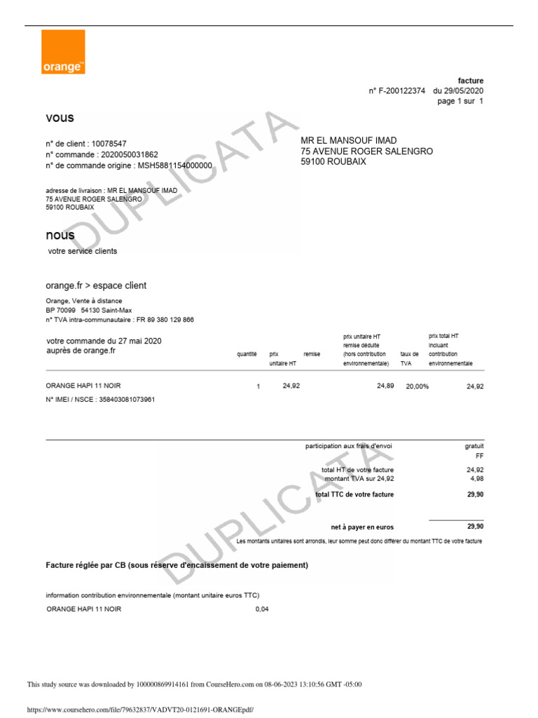 Facture Orange HAPI 11 du 29/05/2020 | PDF | Taxe sur la valeur ajoutée ...