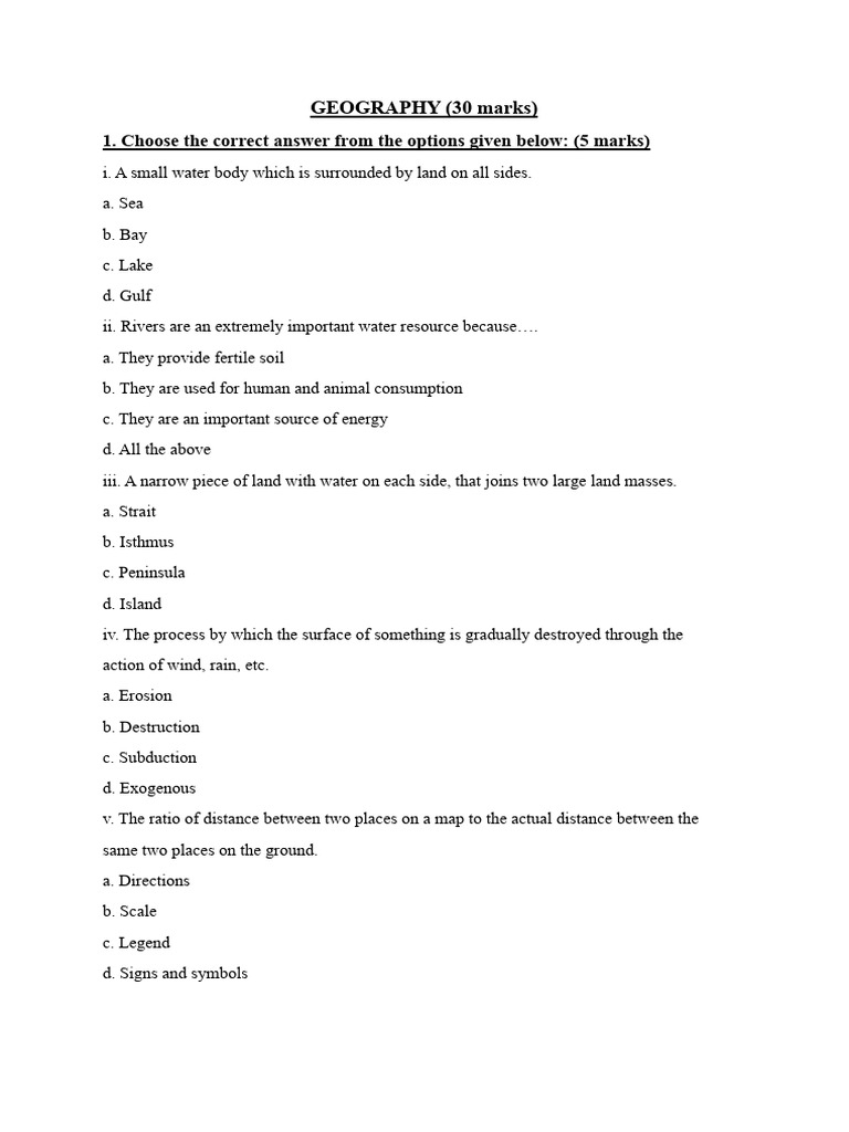 Geography Test Paper PDF Mountains Water