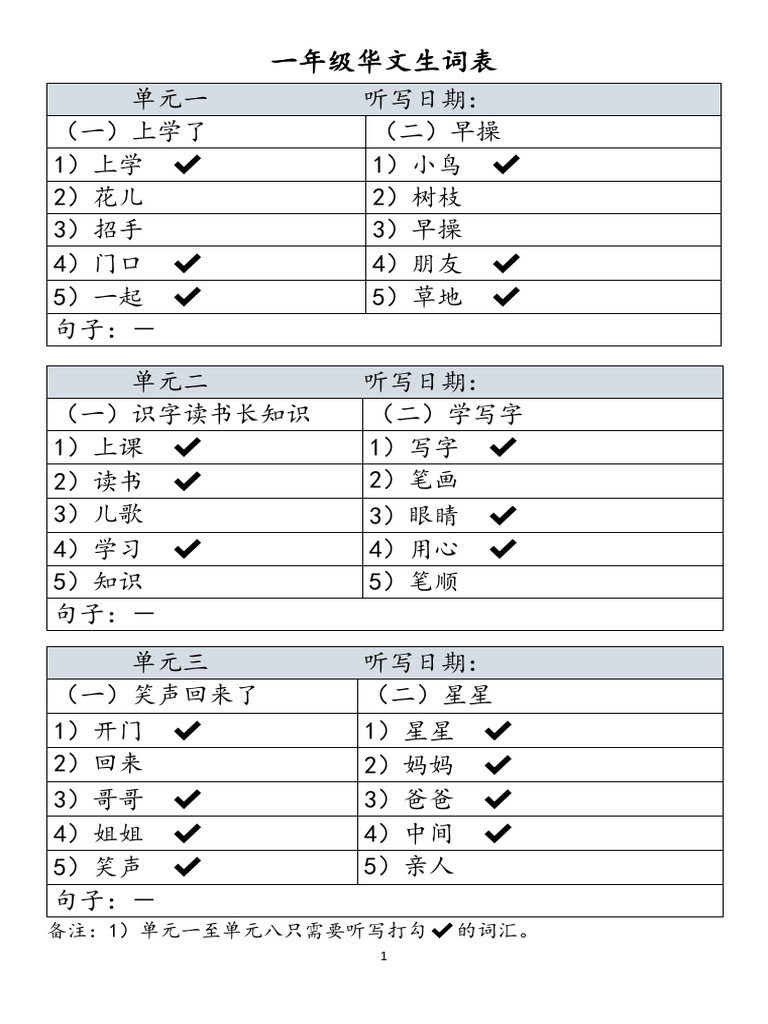 一年级华文生词表 | PDF