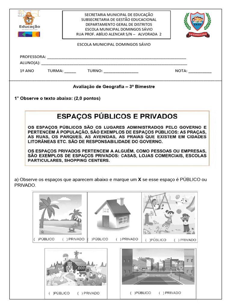 Avaliação de Geografia 1º Ano - 3º Bimestre | PDF