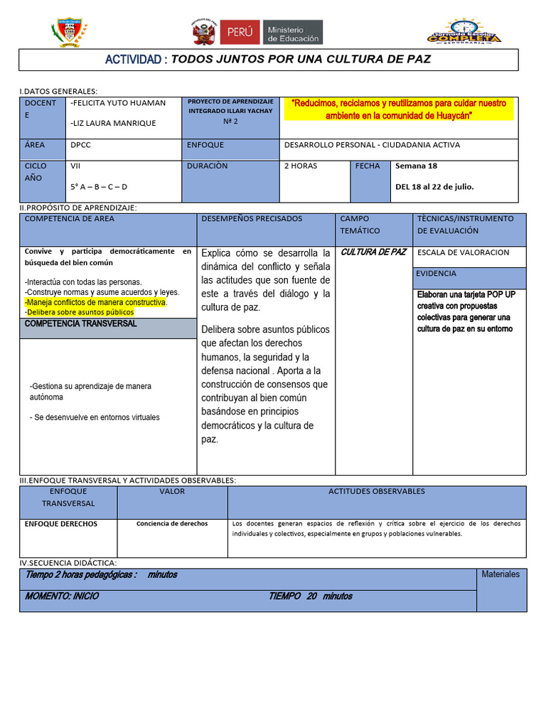 Actividades para Fomentar la Cultura de Paz | PDF | Paz | Aprendizaje