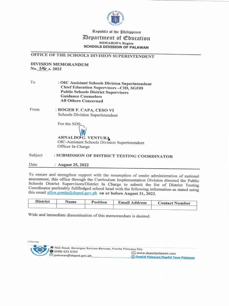 DM No. 326, S. 2022 Submission of District Testing Coordinator PDF