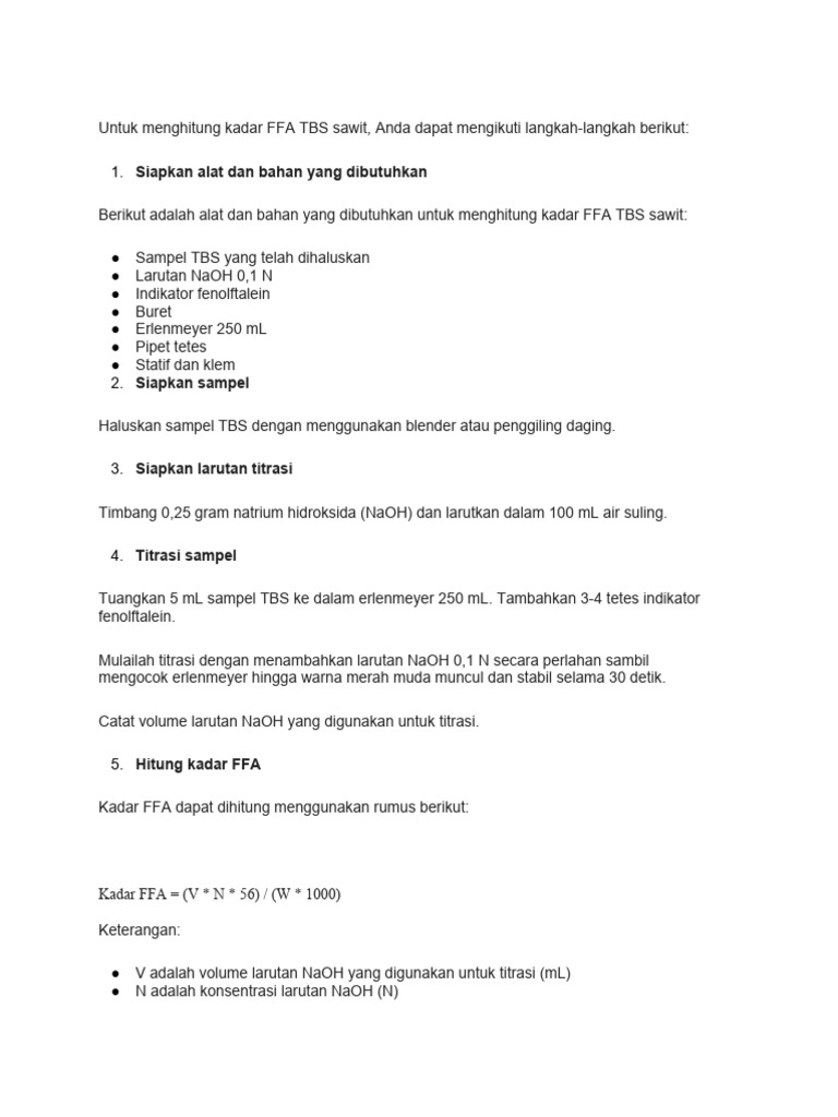 Cara Menghitung Kadar FFA TBS Sawit | PDF | Sains & Matematika