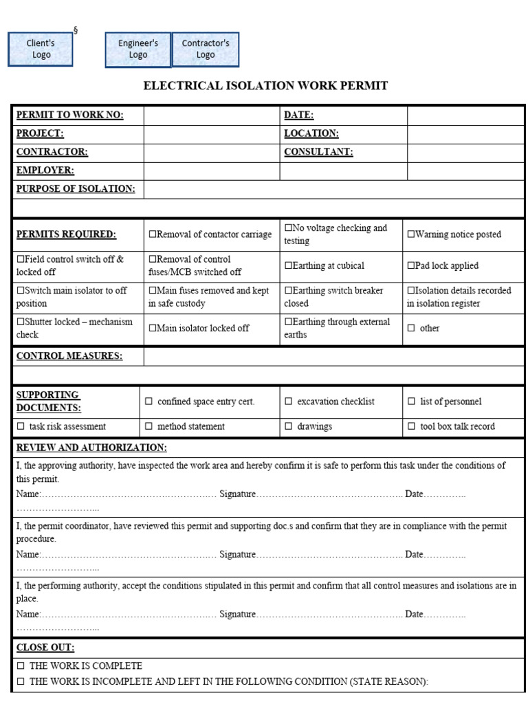 Electrical Isolation Work Permit PDF Electrical Engineering