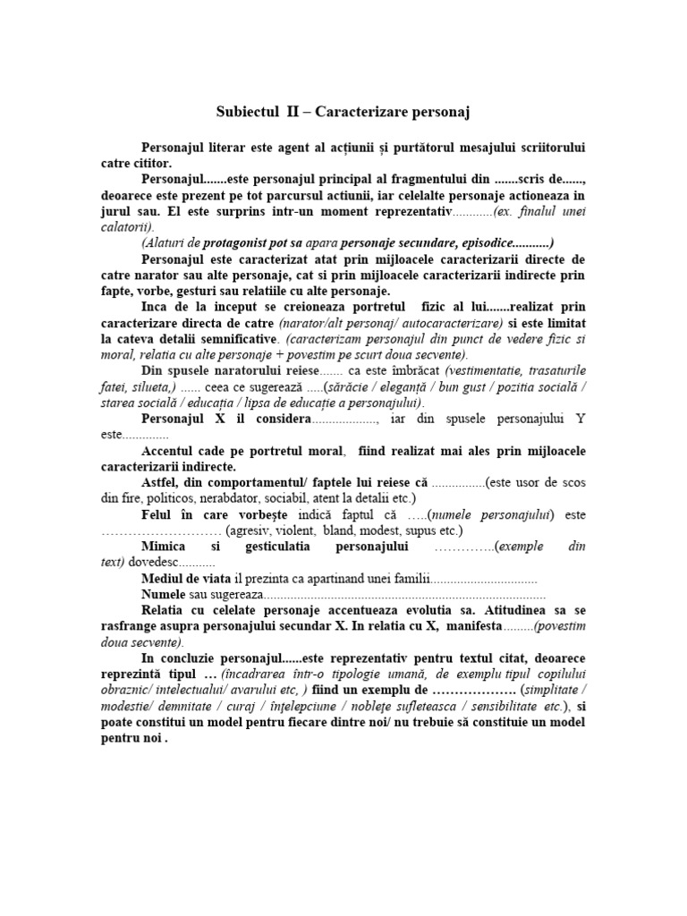 Subiectul II ROMANA - Modalitati de Caracterizare Personaj - Sablon | PDF