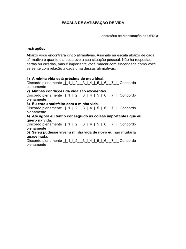 Escala De Satisfação De Vida Pdf