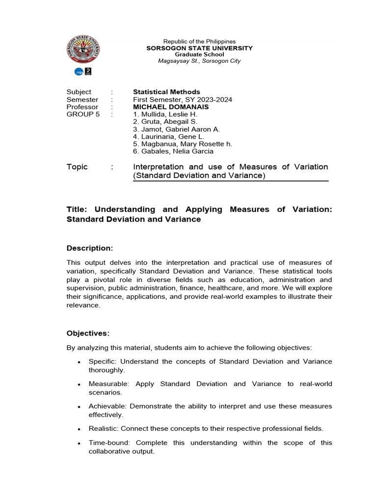 GROUP 5 Interpretation and Use of Measures of Variation Standard Deviation and Variance 1 PDF