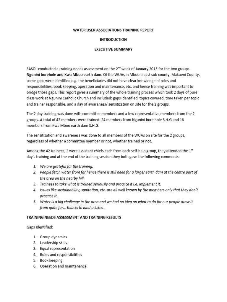 WUAs Training Report Kalawa | PDF | Leadership | Facilitator