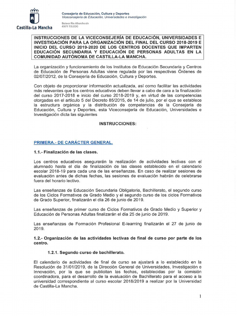 Instrucciones Final Curso e Inicio 19 20 EEMM | PDF