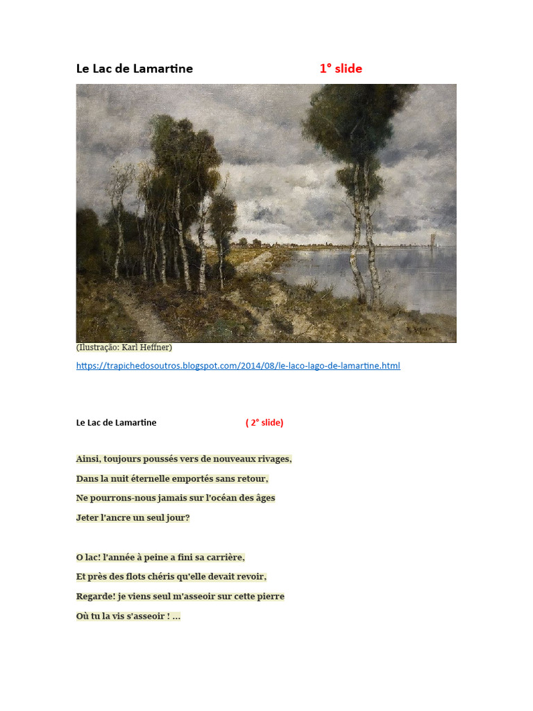 Le Lac de Lamartine Slids PDF Métrica (poesia) Poesia