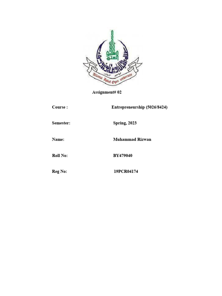 AIOU Entrepreneurship Assignment Cover | PDF