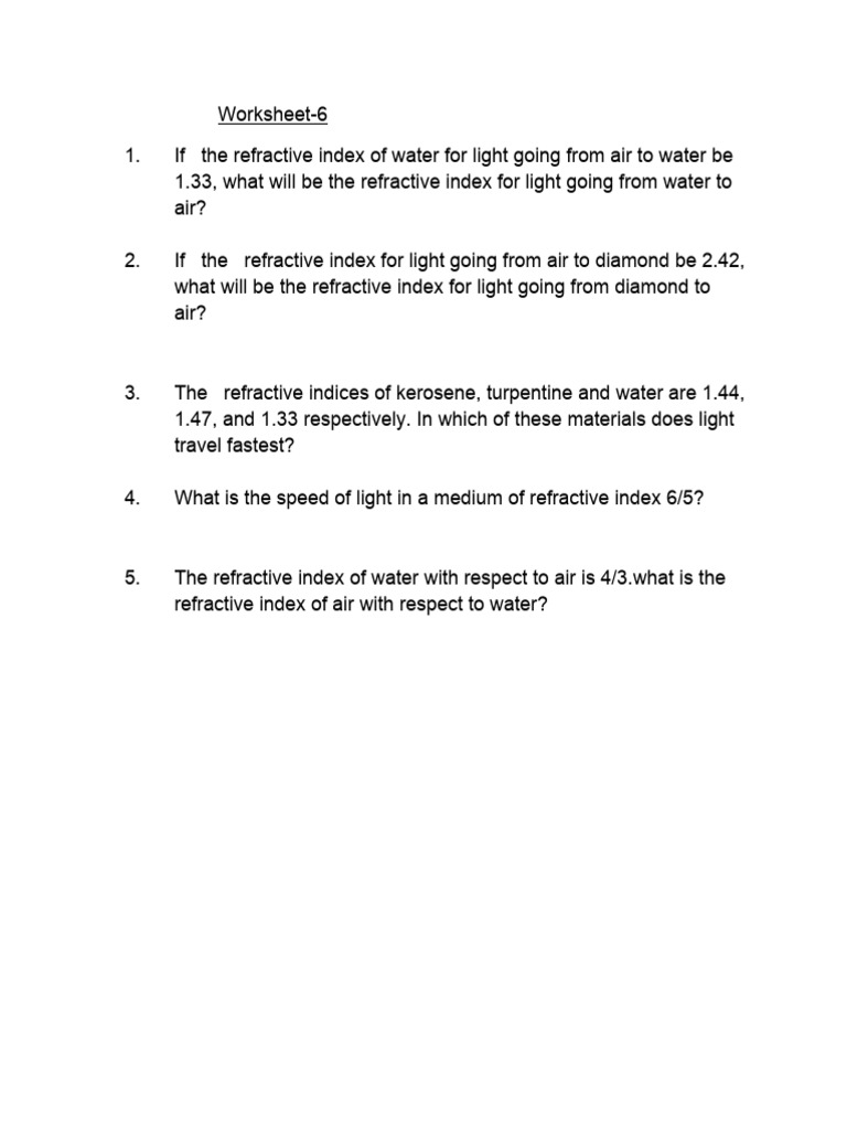 Refractive Index Worksheet 2 PDF