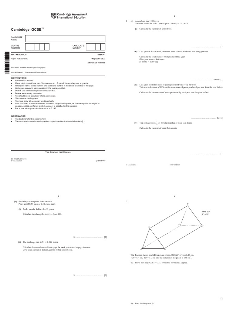 IGCSE Mathematics 0580 - 41 Paper 4 May-June 2023 | PDF | Circle | Geometry