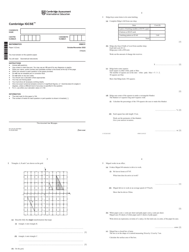 Igcse mathematics 0580 31 paper 3 oct nov 2022 pdf circle