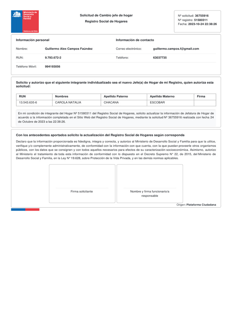 Solicitud de Cambio de Jefe de Hogar | PDF