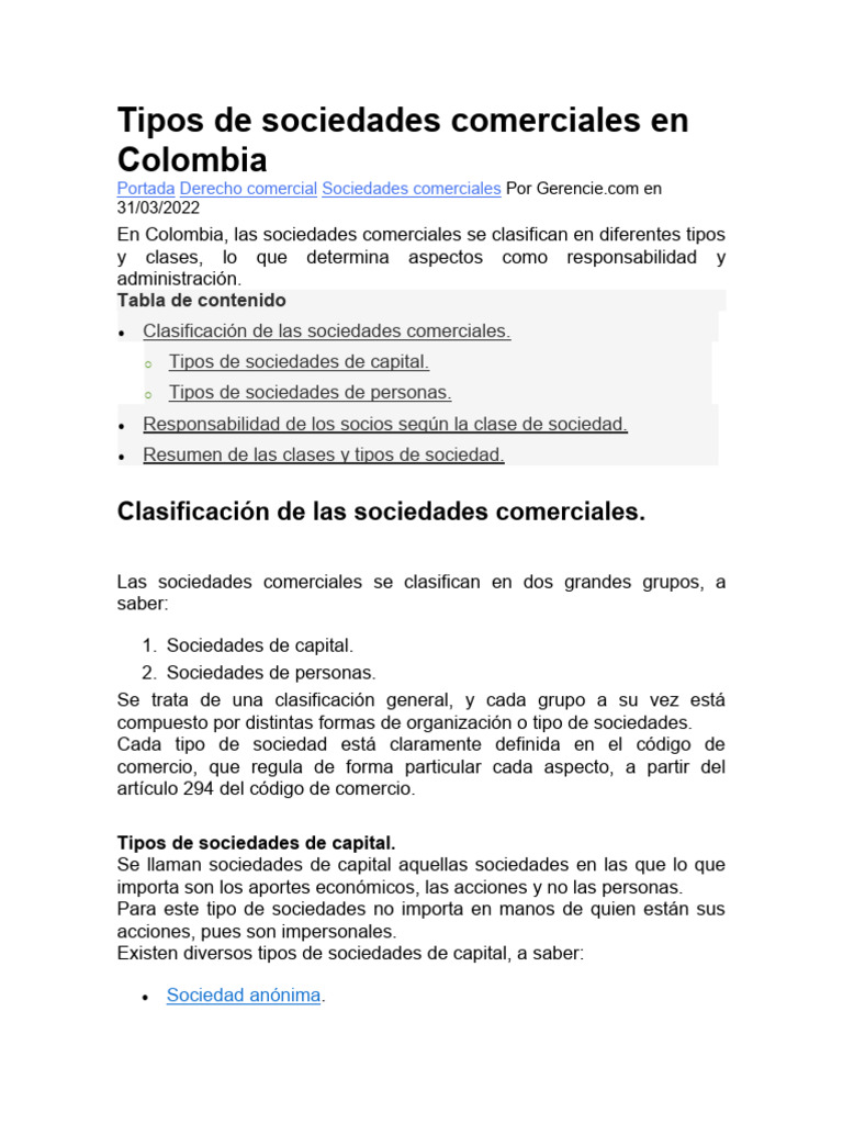 Tipos de sociedades comerciales en Colombia | PDF | Sociedad de ...