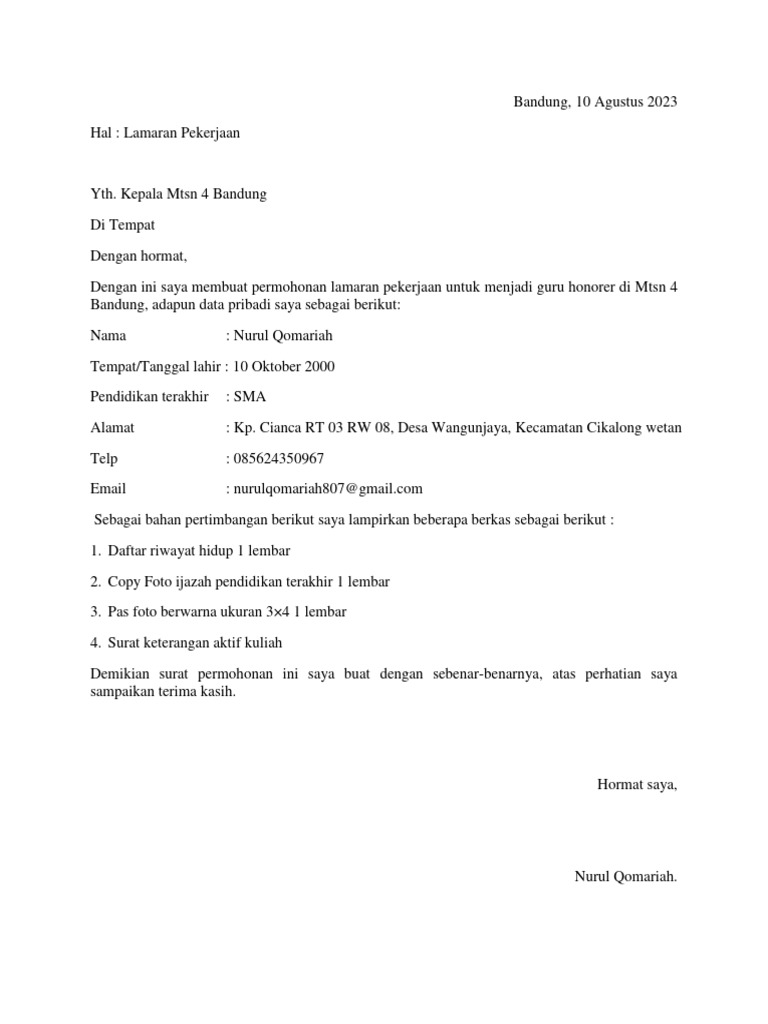 Surat Lamaran kerja NQ | PDF