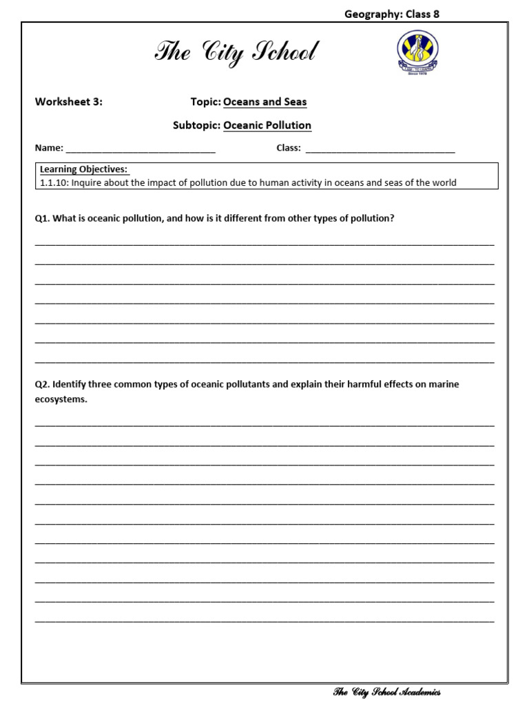 Worksheet 3 - Oceanic Pollution | PDF | Pollution | Environmental ...