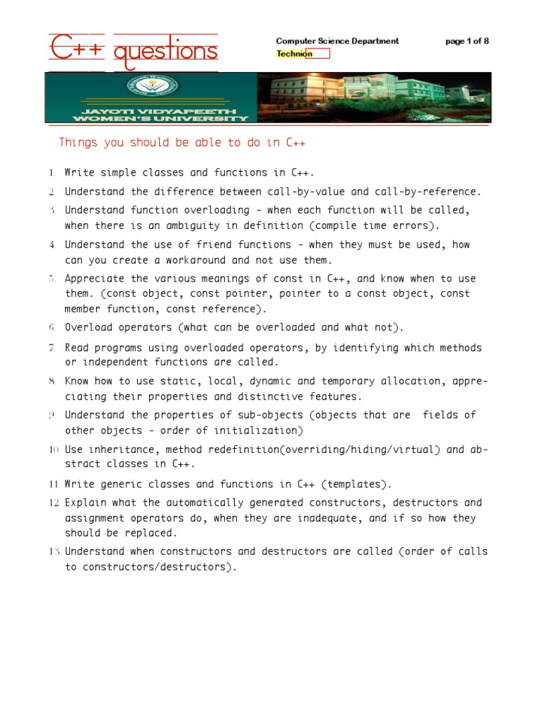 C++ Questions: Things You Should Be Able To Do in C++ | PDF | C++ ...