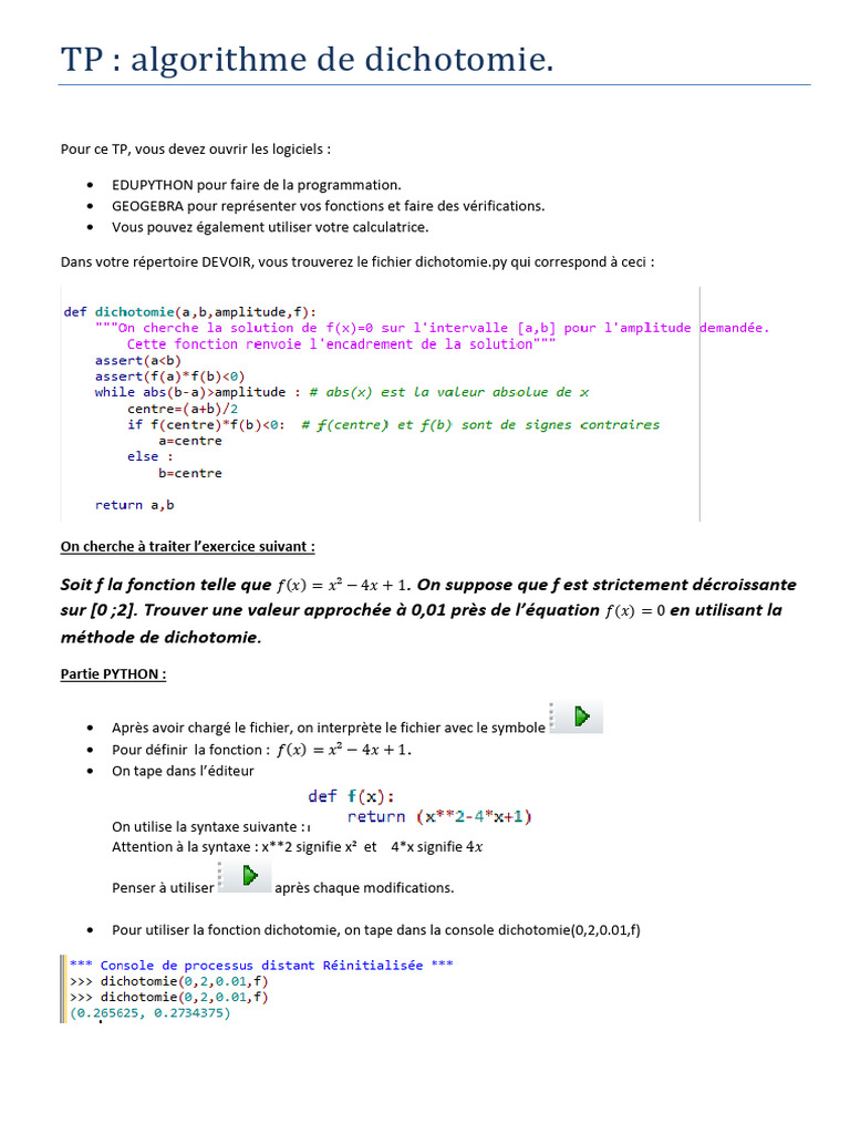 TP Dichotomie Python | PDF | Informatique | Informatique