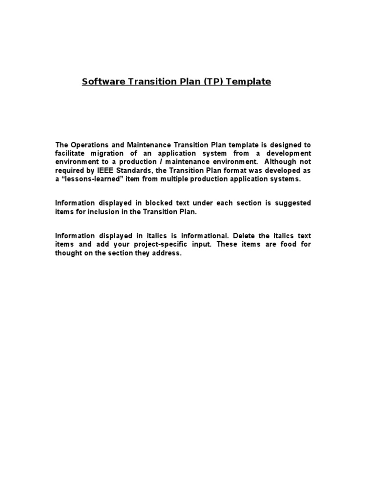 Software Transition Plan Template | PDF | Risk | Installation (Computer ...