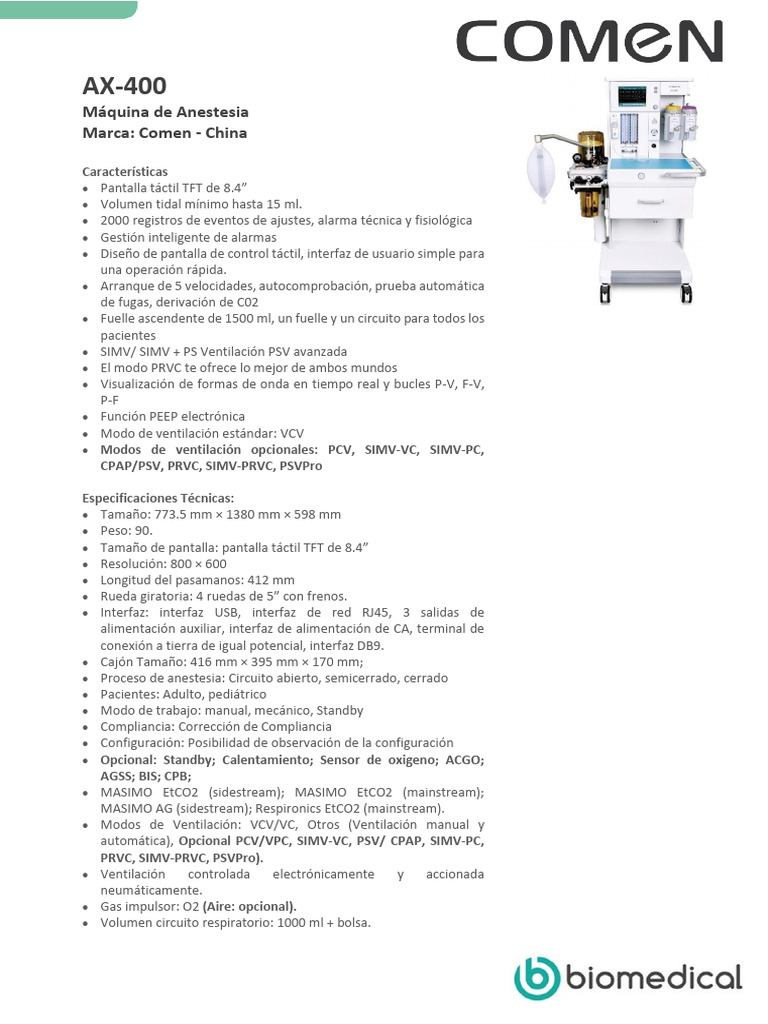 Máquina de Anestesia Comen AX-400 | PDF | Ciencia y matemáticas ...