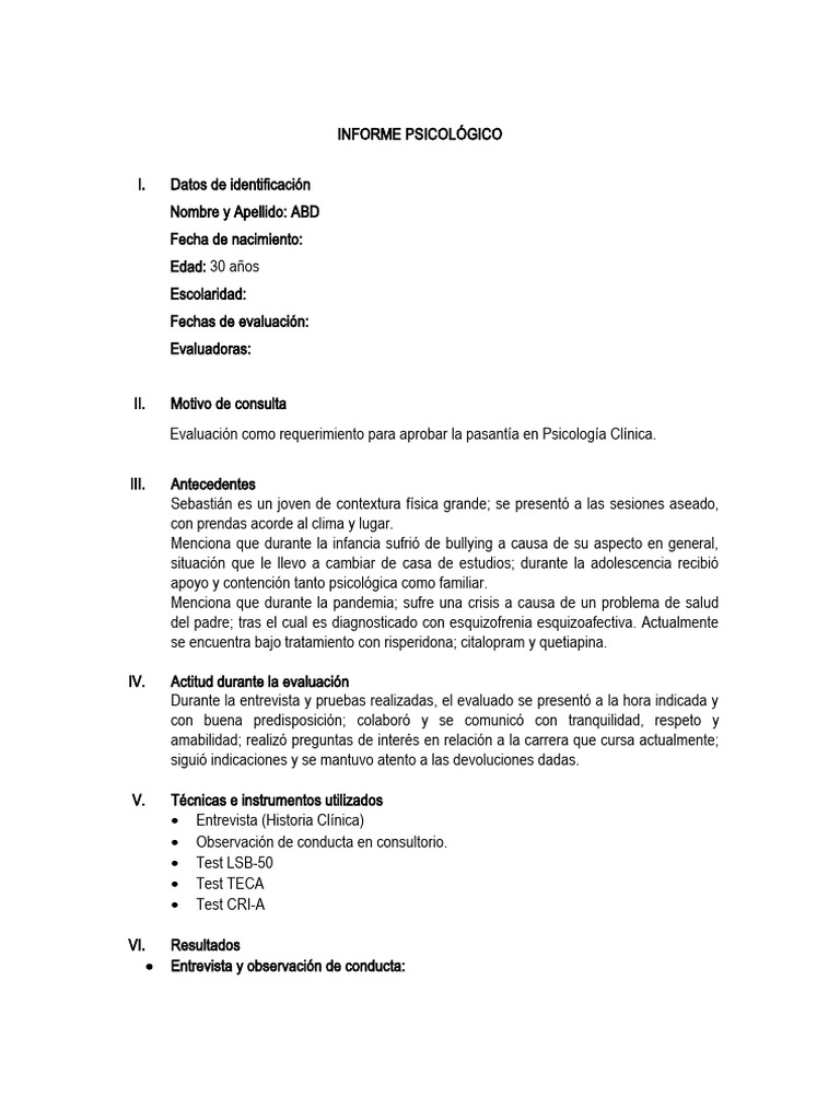 Informe Psicológico de Evaluación Clínica | PDF | Las emociones | Empatía