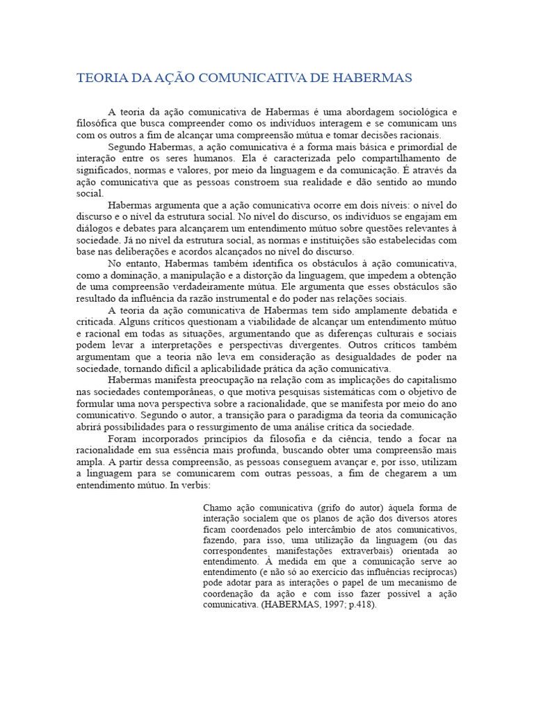 Teoria Da Ação Comunicativa de Habermas | Download grátis PDF | Jürgen ...