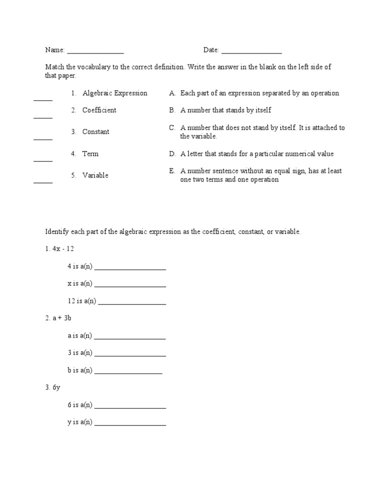 Algebraic Expression Worksheet