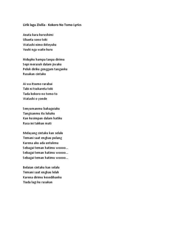 Lirik Lagu Kokoronotomo Zivilia Apa Bagaimana