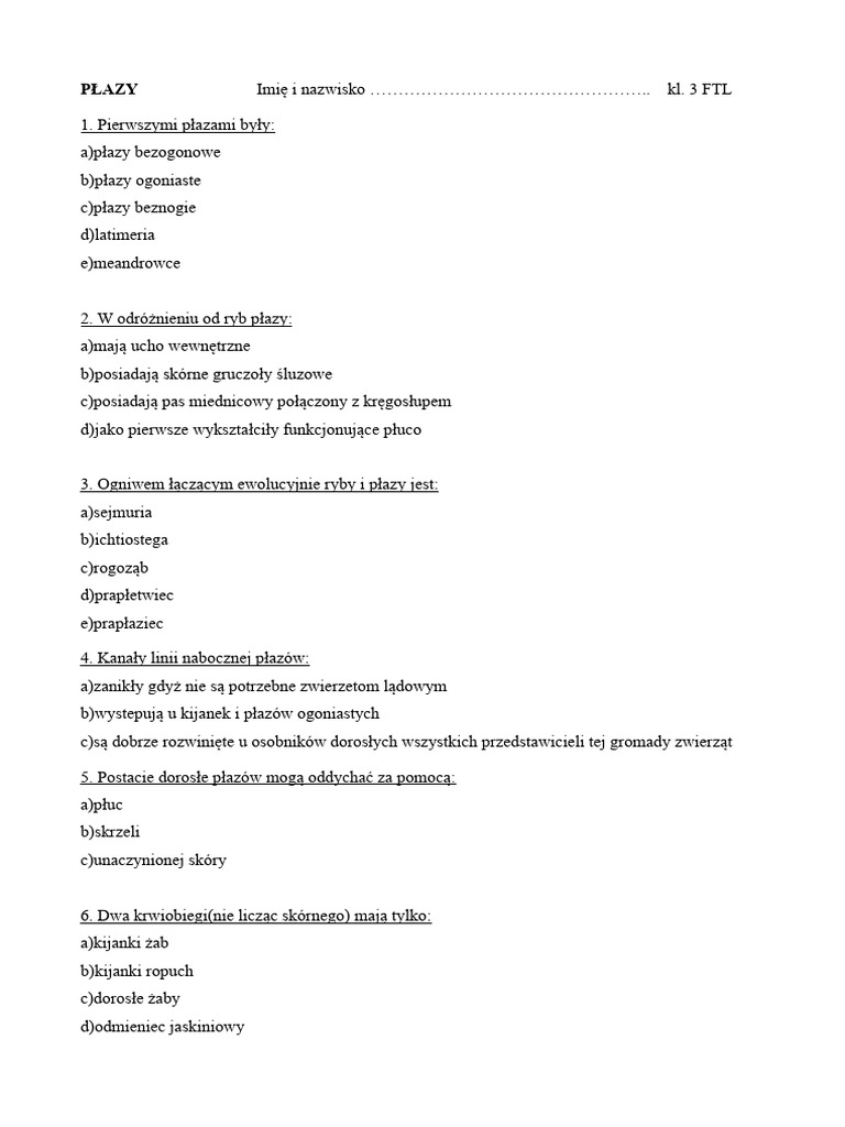 Sprawdzian PŁAZY | PDF