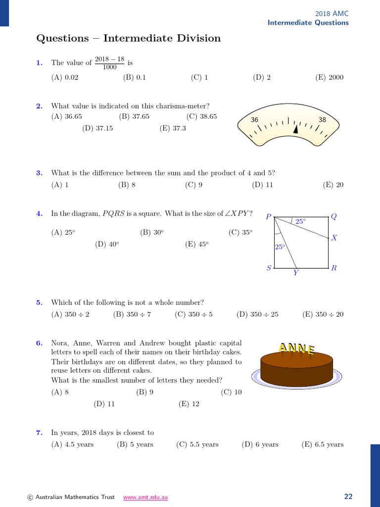 2018 AMC Intermediate Questions | PDF | Area | Square Root