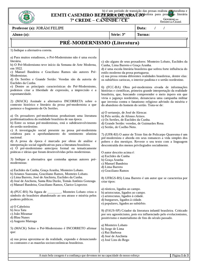 Pre Modernismo Questoes | PDF | Modernismo