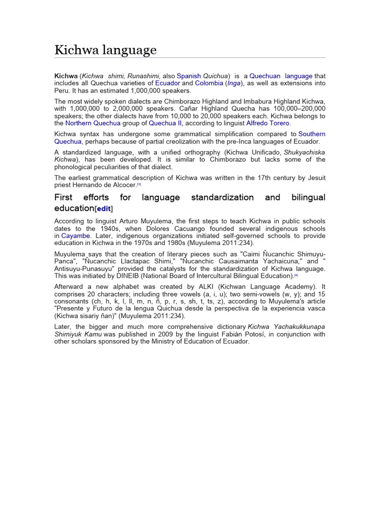 Kichwa Language Overview and Standardization | PDF