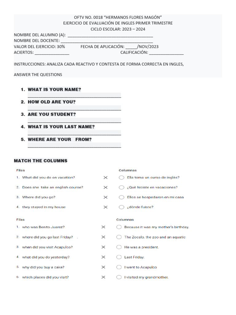 Ejercicio de Ingles Primer Trimestre PDF