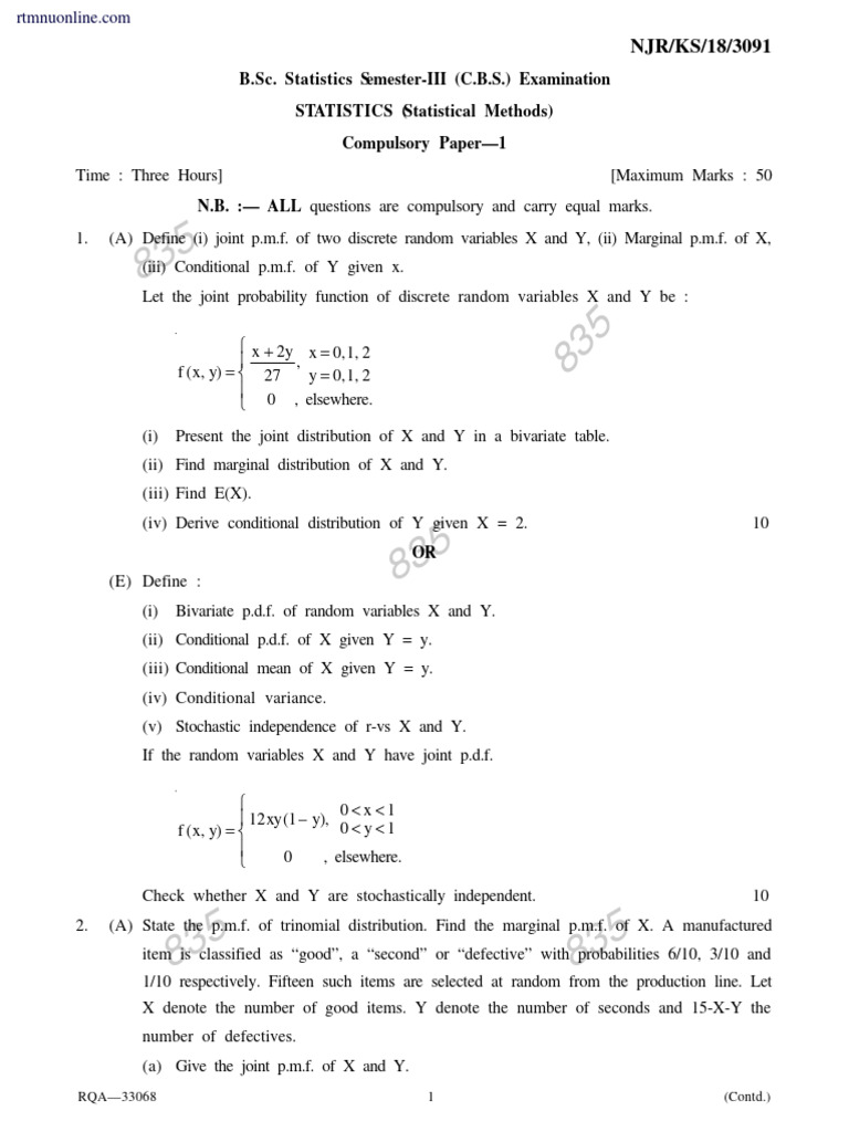 Statistics Exam Paper - Semester III | PDF | Probability Density ...