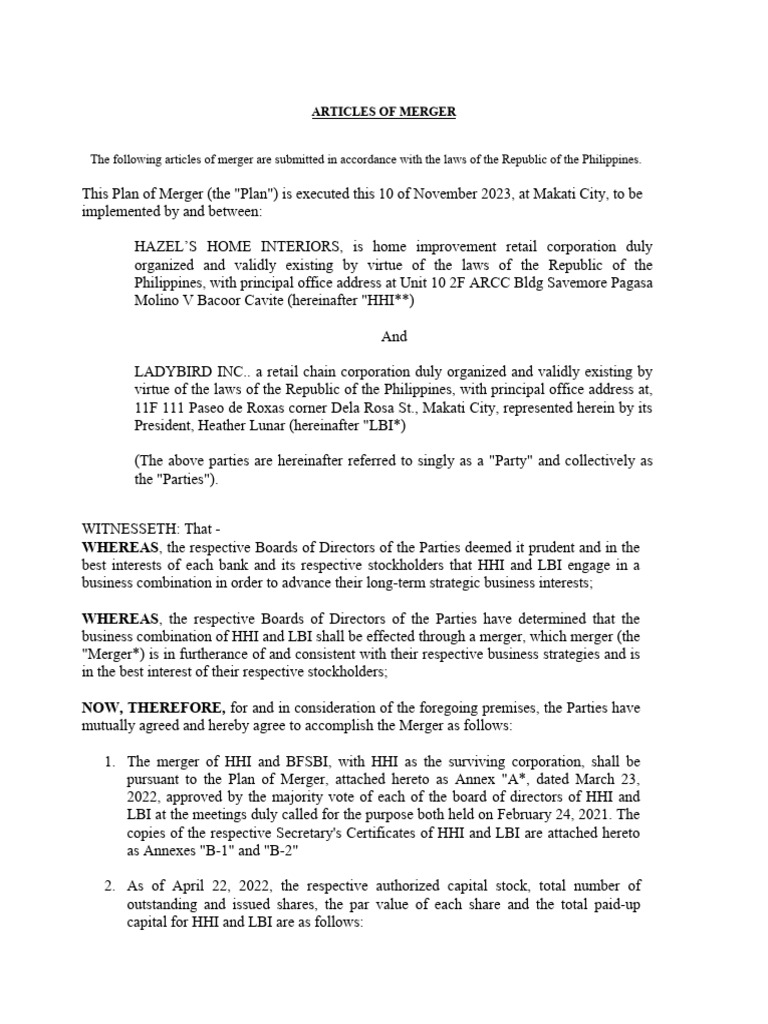 Articles of Merger | PDF | Mergers And Acquisitions | Stocks