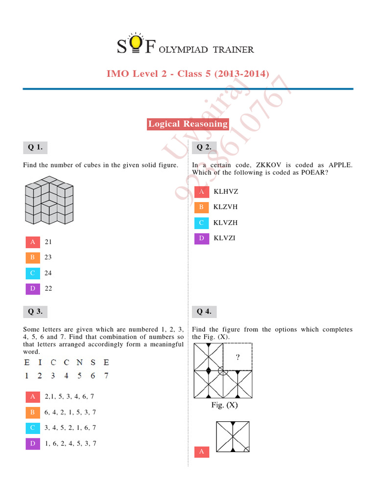 IMO Level 2 Class 5 (2013 2014) PDF Multiplication Mathematics