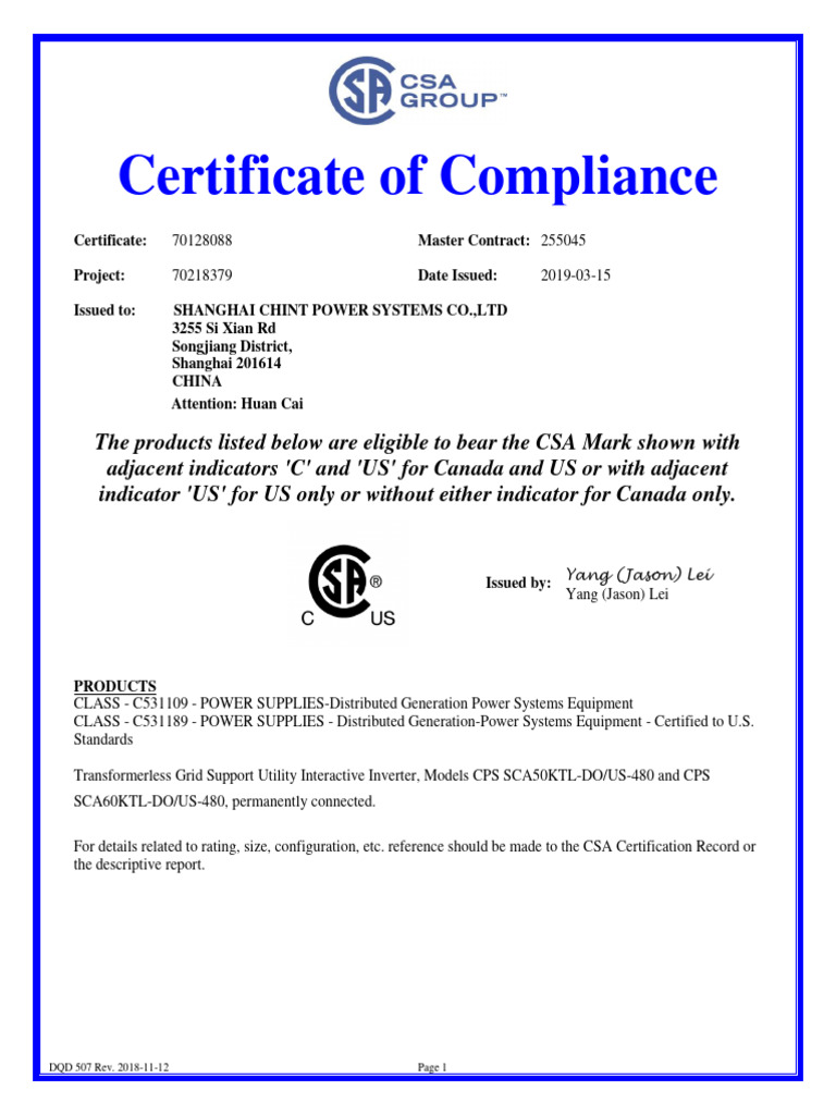 CPS SCA50 60KTL DO 480 NRTL CSA CoC PDF Electrical Grid