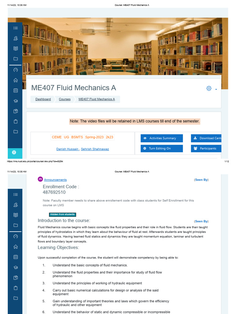 Course - ME407 Fluid Mechanics A | PDF | Fluid Dynamics | Fluid Mechanics