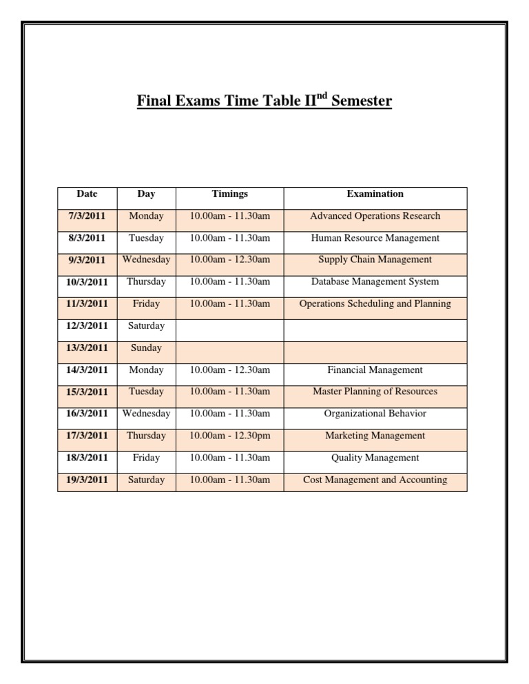 IInd Semester Final Exams Schedule | PDF