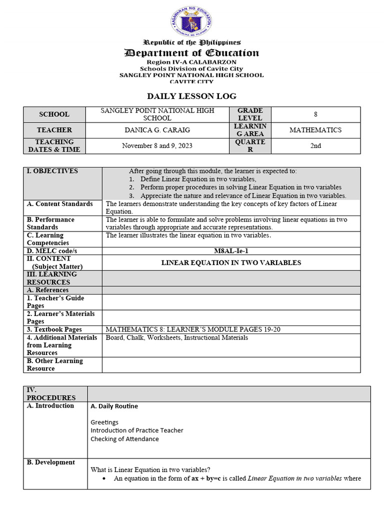 Grade 8 Linear Equations Lesson Plan | PDF | Equations | Variable ...