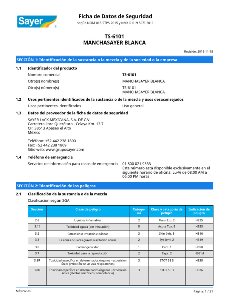 Ficha de Seguridad TS-6101 Manchasayer | PDF | Agua | Toxicología