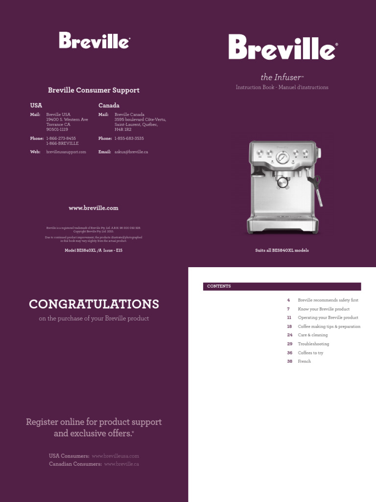 Breville Bes840XL User Manual PDF Manufactured Goods