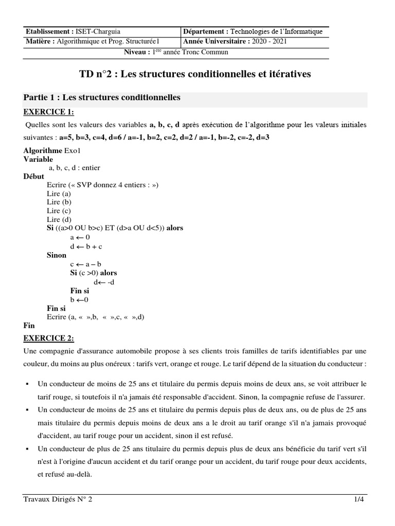 TD Algorithmique : Structures Conditionnelles et Itératives | PDF ...