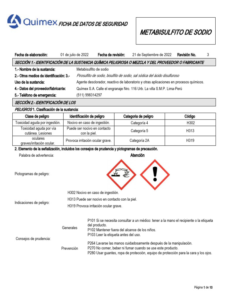 Seguridad del Metabisulfito de Sodio | PDF | Dióxido de azufre | Agua