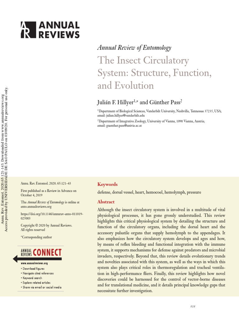 Hillyer 2020 the insect circulatory system structure function and